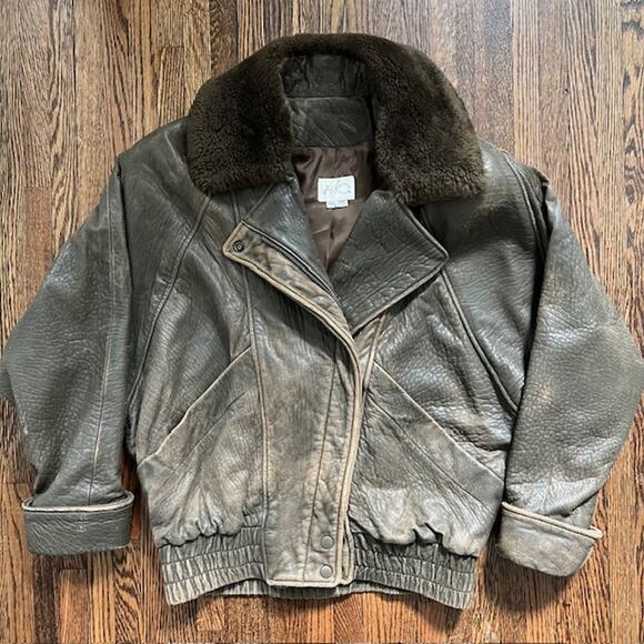 VTG Vakko Brown Pebbled Leather Bomber Jacket Womens XS USA Distressed Snap Zip - Picture 1 of 14